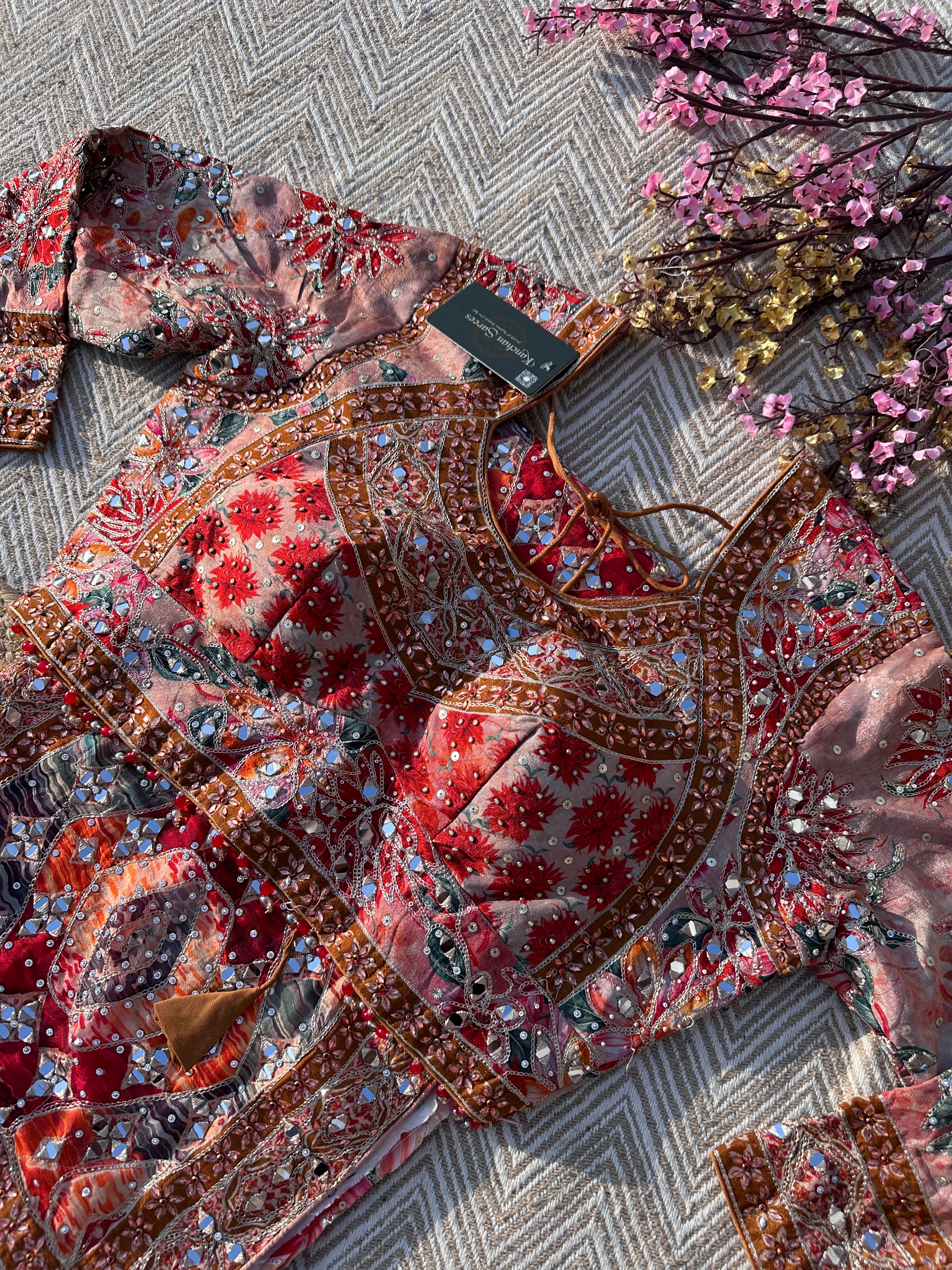 Peach Georgette Saree with Blouse with Mirror, Zari, Sequins, Swarovski and Printed Embroidery 4
